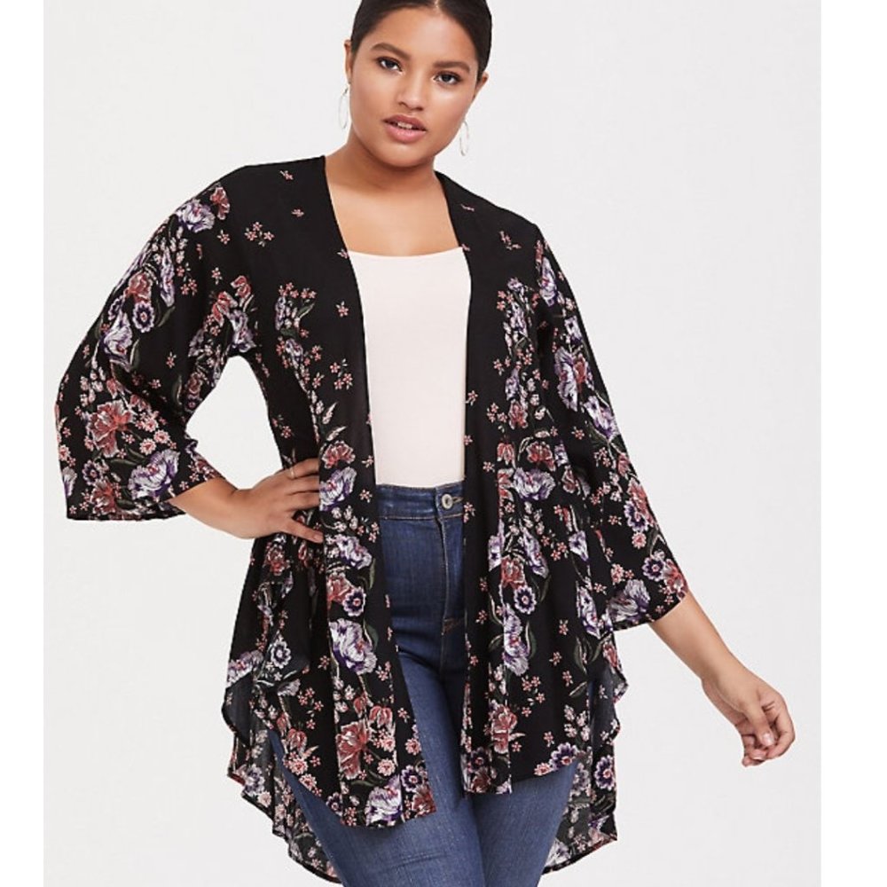 Torrid Black Floral Georgette Drape Front Kimono